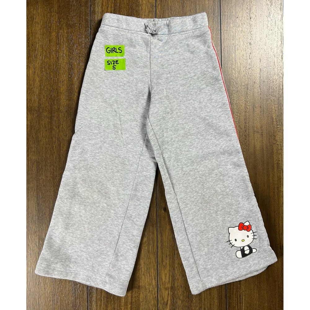 Sanrio Hello Kitty Girls Gray Fleece Wide Leg Sweatpants Size 5 Red Side Stripe
